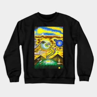 Surrealist painting with pyramids and eyes in yellow and blue man reaching for God Crewneck Sweatshirt